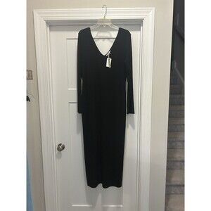 Marine Layer Lexi Long Sleeve Ribbed V Neck Black Maxi Dress Large Minimalist